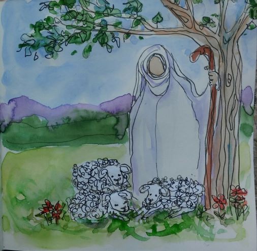 The Shepherd with sheep — a watercolor illustration representing God's care for each woman